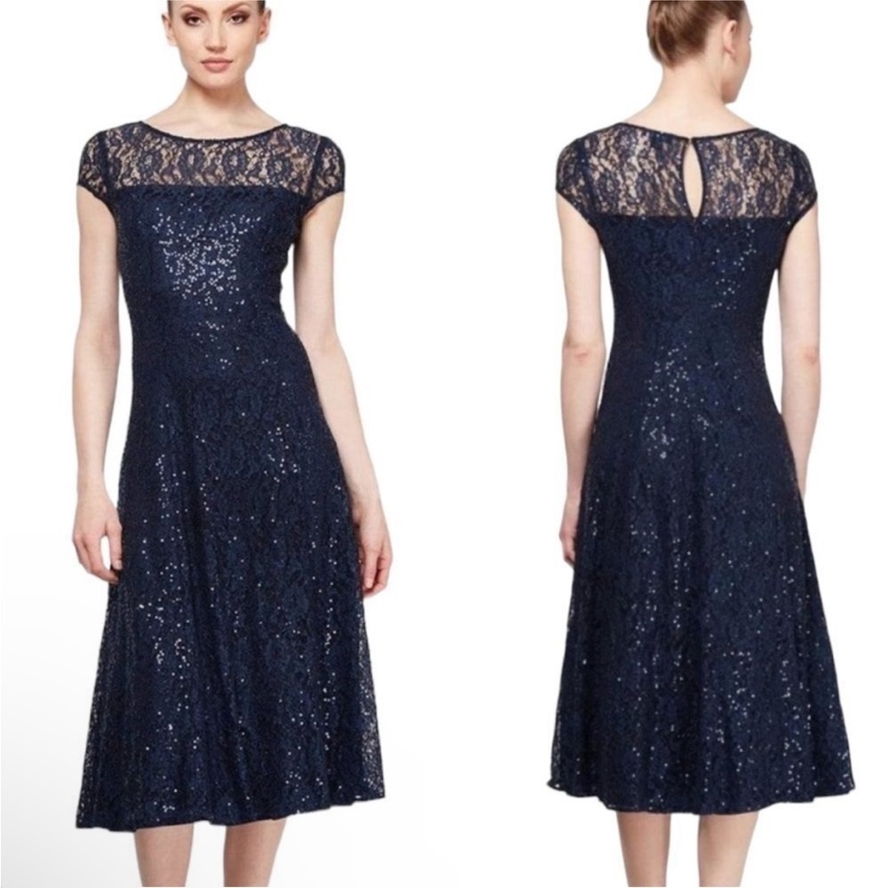 SLNY size 14 Navy Blue Sequin Lace A-Line Midi Dress